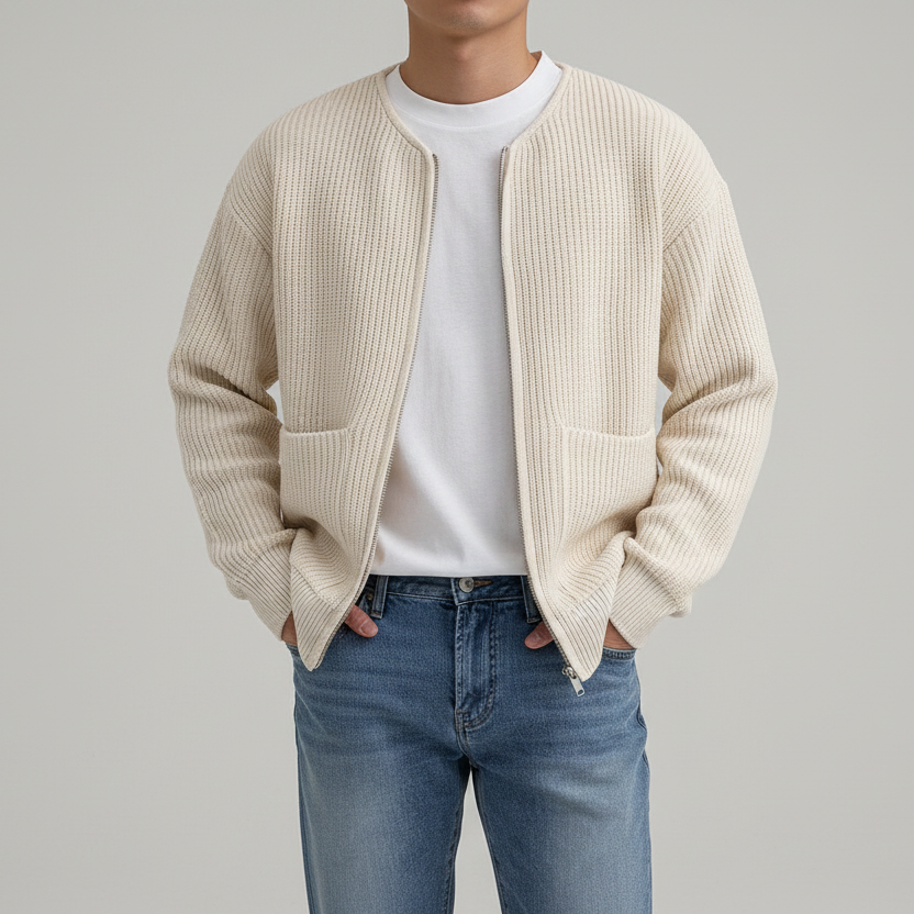 Male Model in Cream Knit Cardigan