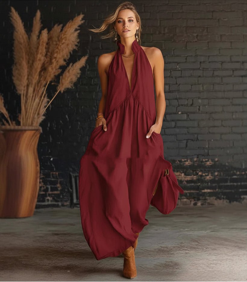 Mandarin - Collar Cotton - Linen Dress | Elegant Resort Style - AmiraMart