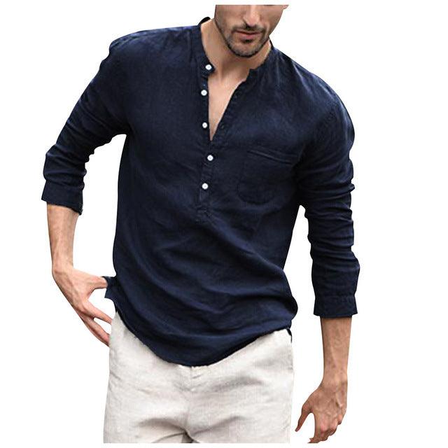 Men Vintage White Shirt Button Linen Shirts - AmiraMart