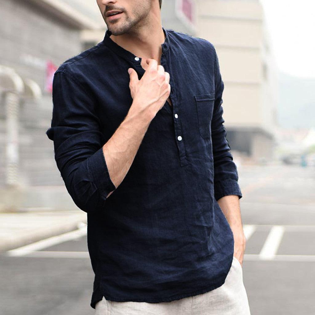 Men Vintage White Shirt Button Linen Shirts - AmiraMart