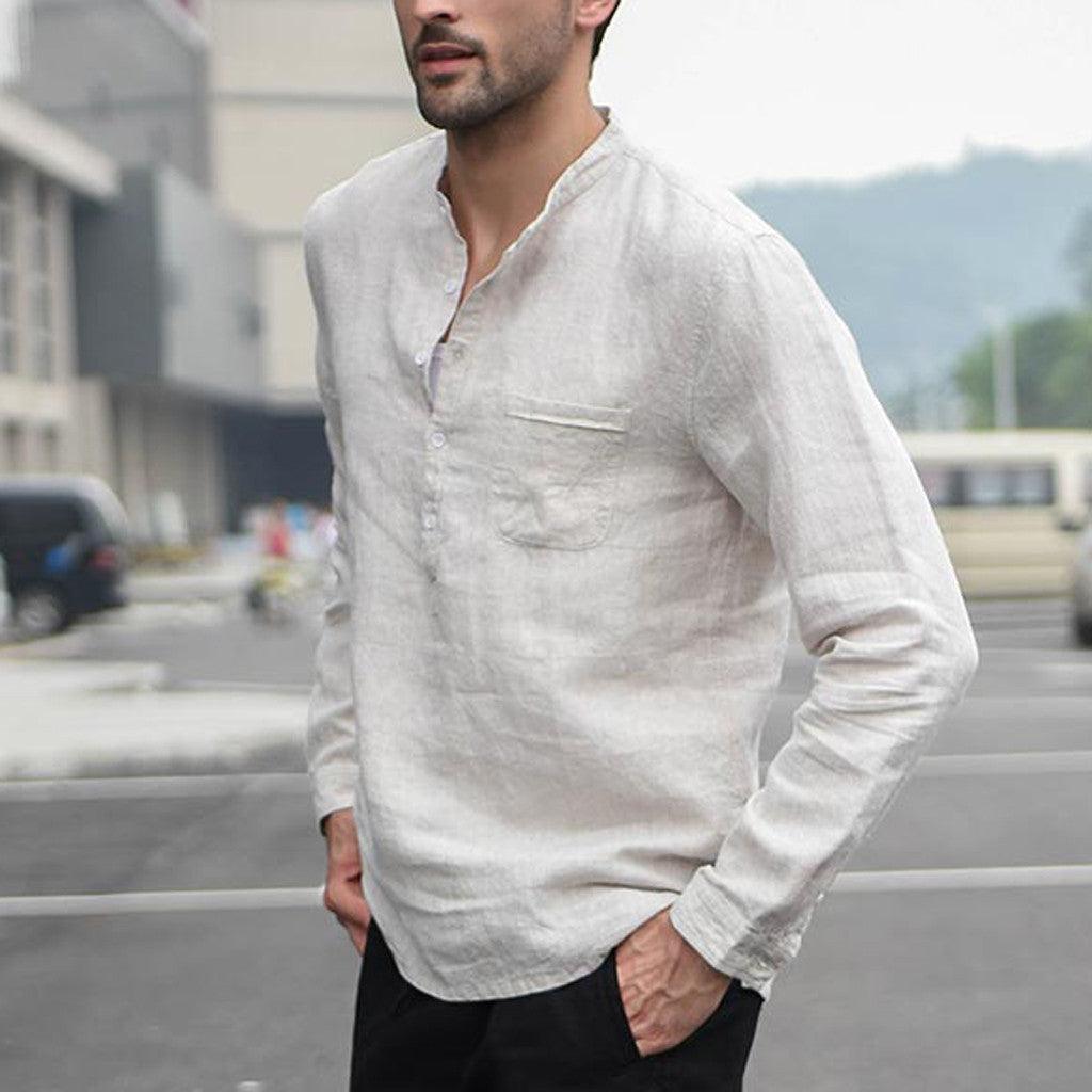Men Vintage White Shirt Button Linen Shirts - AmiraMart