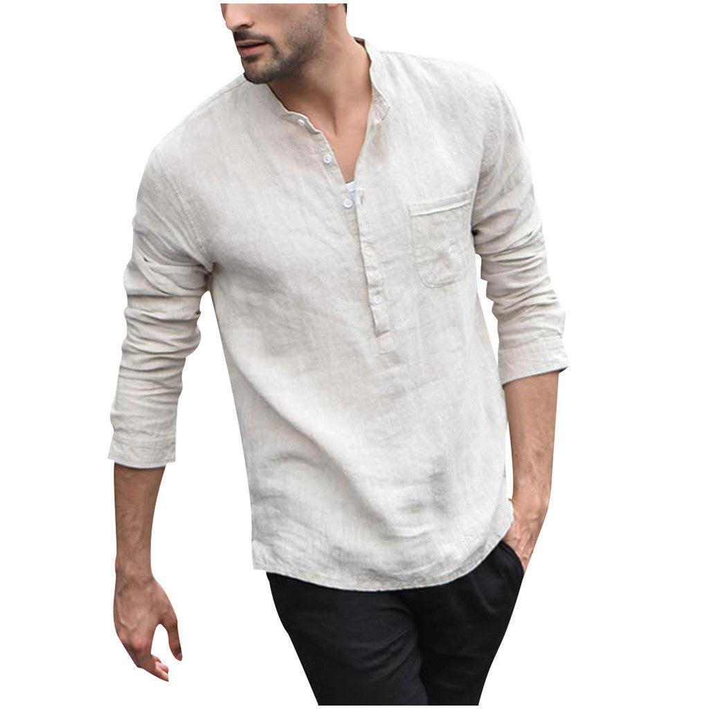 Men Vintage White Shirt Button Linen Shirts - AmiraMart