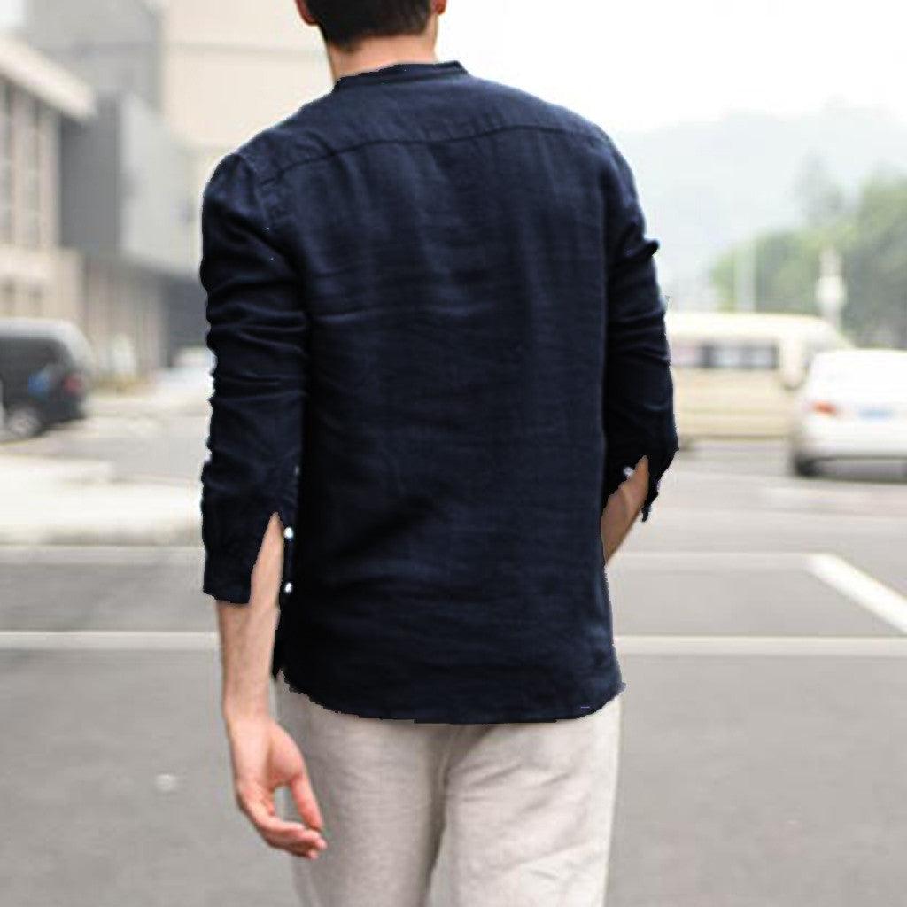 Men Vintage White Shirt Button Linen Shirts - AmiraMart