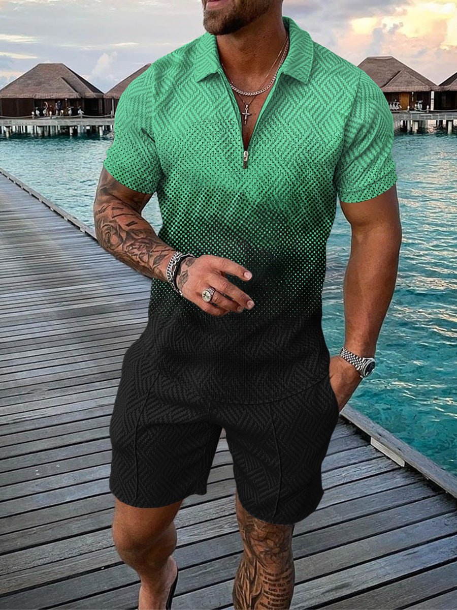 Men’s Contrast Polo Shirt – Zip Lapel & Short Sleeve - AmiraMart