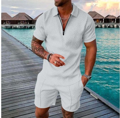 Men’s Contrast Polo Shirt – Zip Lapel & Short Sleeve - AmiraMart