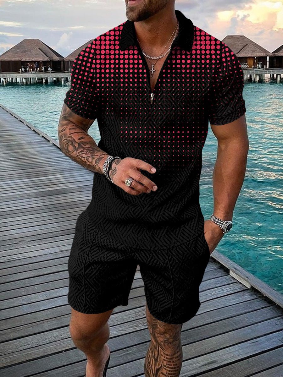 Men’s Contrast Polo Shirt – Zip Lapel & Short Sleeve - AmiraMart