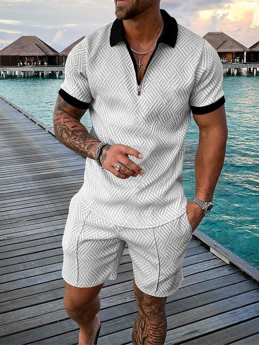 Men’s Contrast Polo Shirt – Zip Lapel & Short Sleeve - AmiraMart