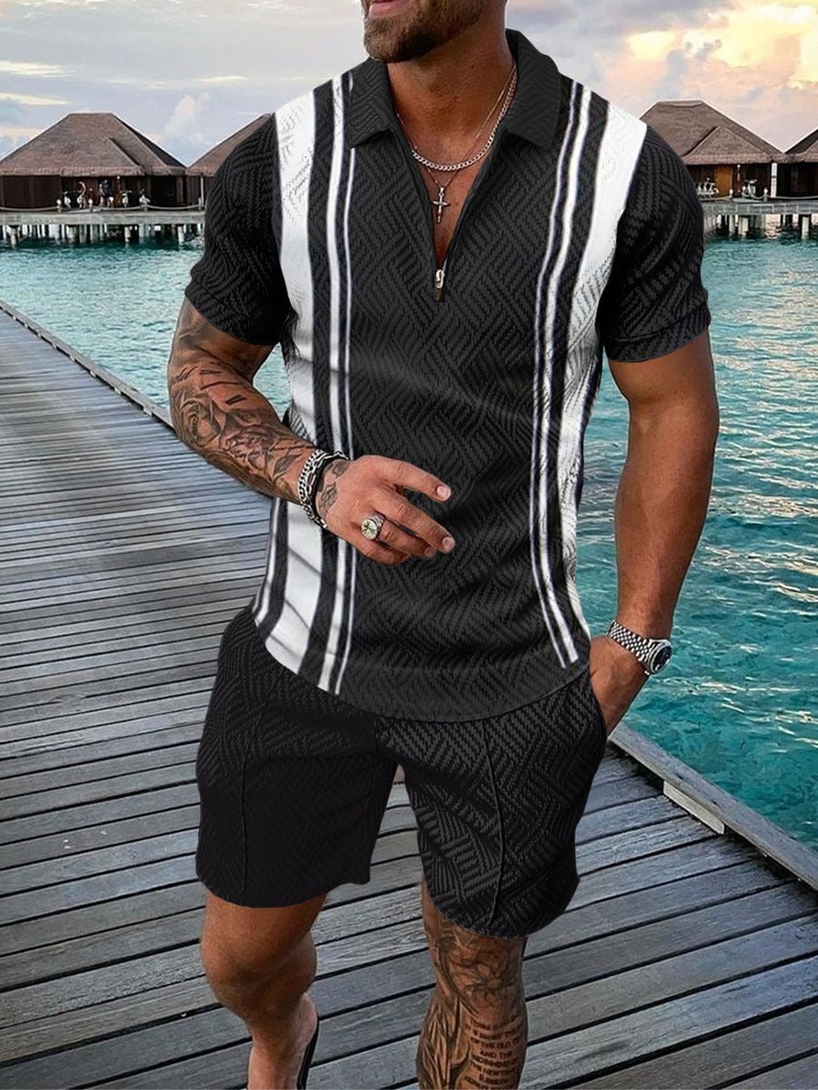 Men’s Contrast Polo Shirt – Zip Lapel & Short Sleeve - AmiraMart