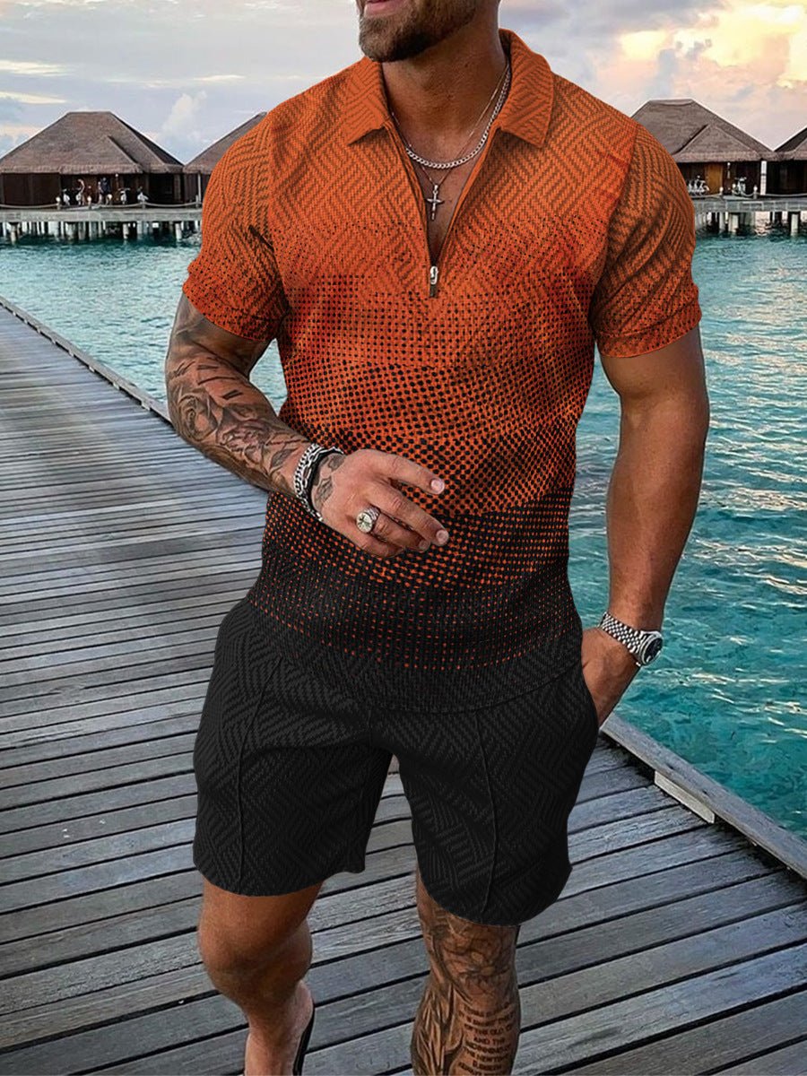 Men’s Contrast Polo Shirt – Zip Lapel & Short Sleeve - AmiraMart