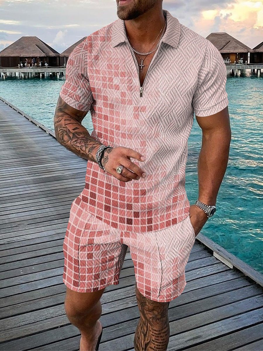 Men’s Contrast Polo Shirt – Zip Lapel & Short Sleeve - AmiraMart
