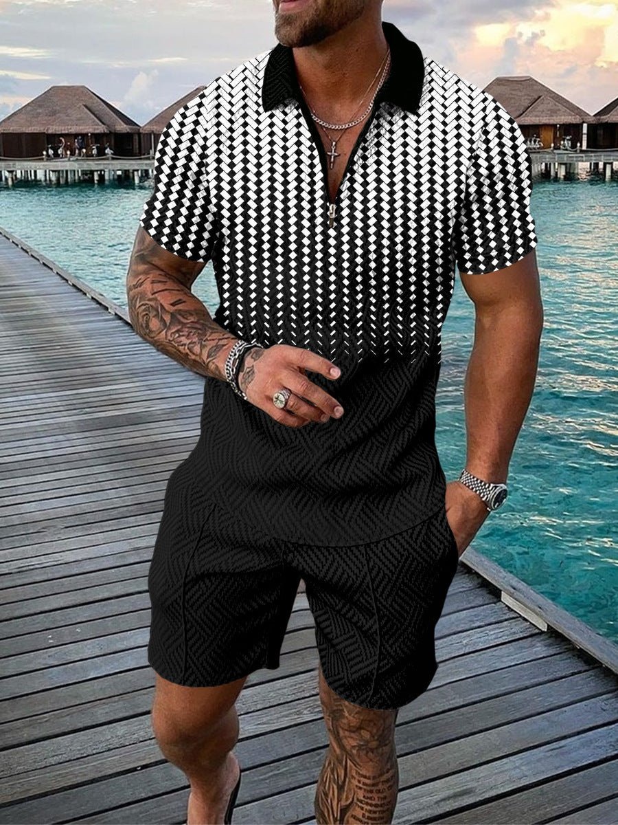 Men’s Contrast Polo Shirt – Zip Lapel & Short Sleeve - AmiraMart