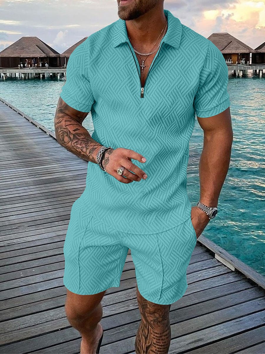 Men’s Contrast Polo Shirt – Zip Lapel & Short Sleeve - AmiraMart