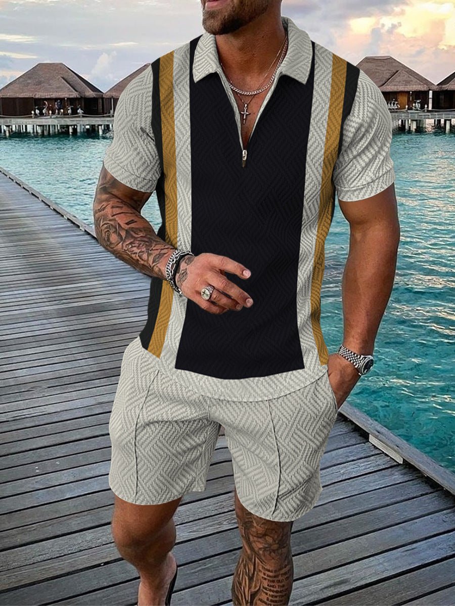 Men’s Contrast Polo Shirt – Zip Lapel & Short Sleeve - AmiraMart