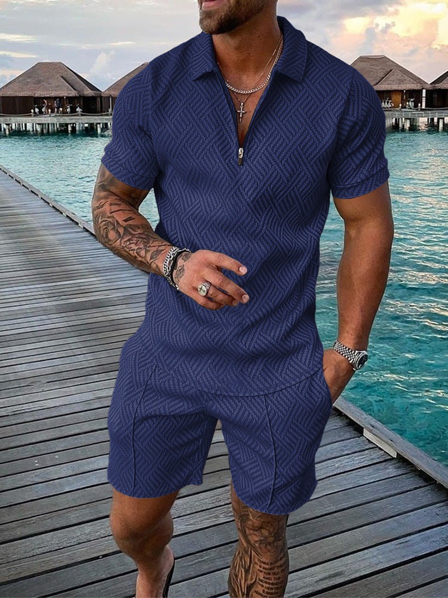 Men’s Contrast Polo Shirt – Zip Lapel & Short Sleeve - AmiraMart