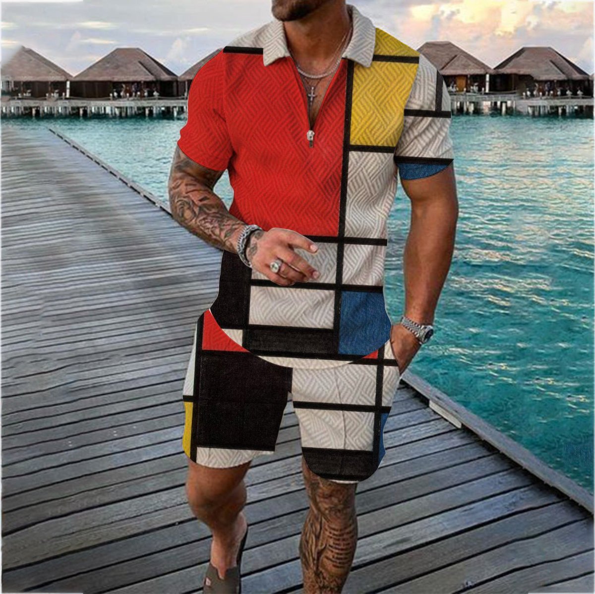 Men’s Contrast Polo Shirt – Zip Lapel & Short Sleeve - AmiraMart