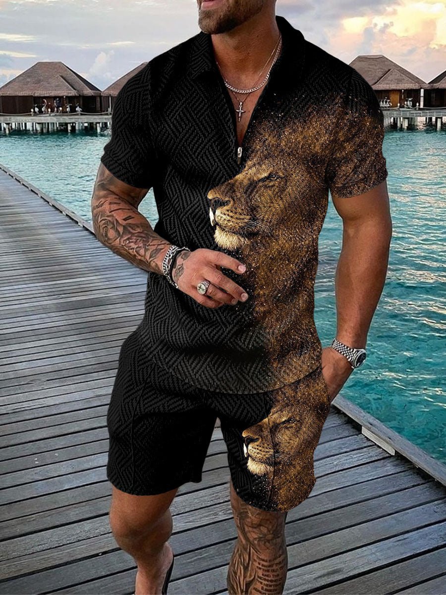 Men’s Contrast Polo Shirt – Zip Lapel & Short Sleeve - AmiraMart