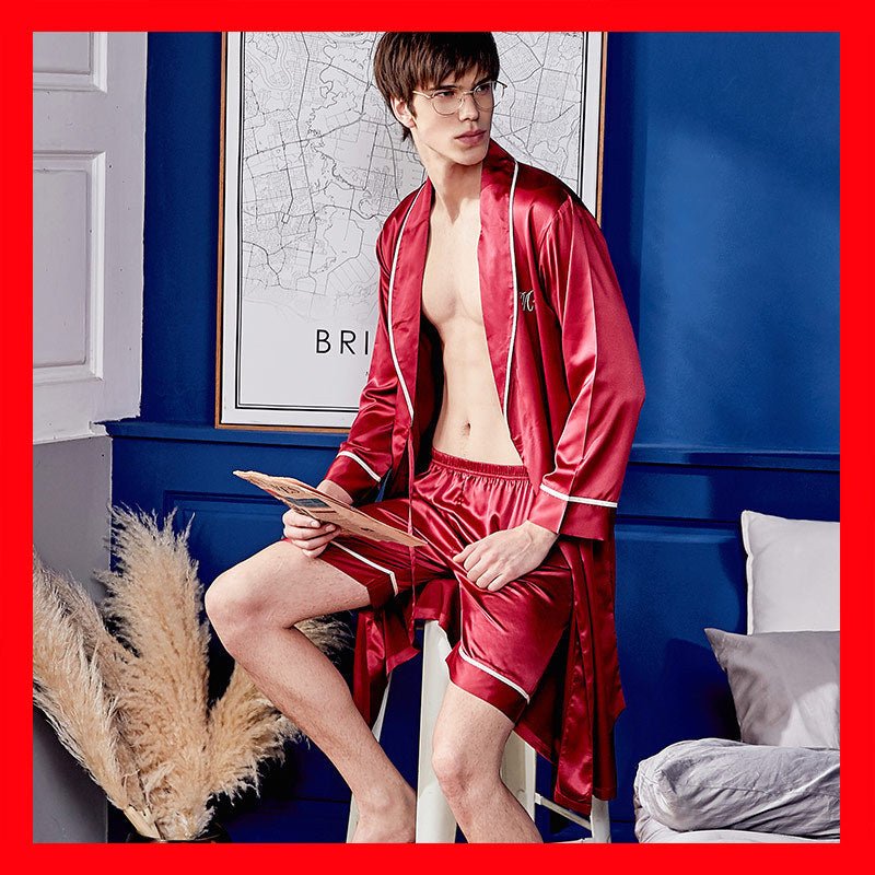 Men’s Ice Silk Sleepwear Set – Long Sleeve & Shorts - AmiraMart