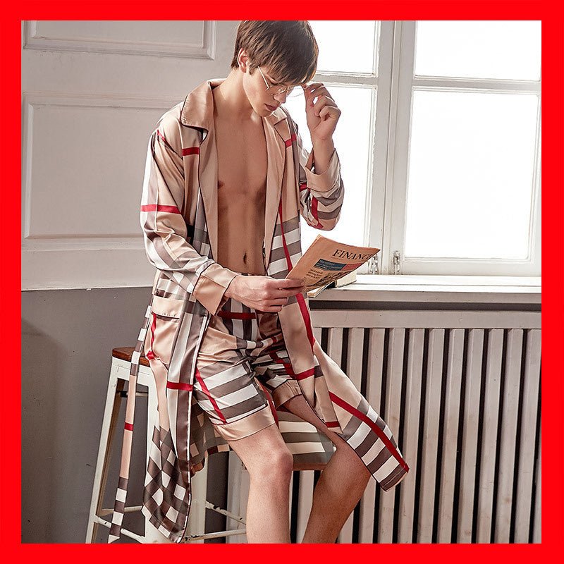 Men’s Ice Silk Sleepwear Set – Long Sleeve & Shorts - AmiraMart