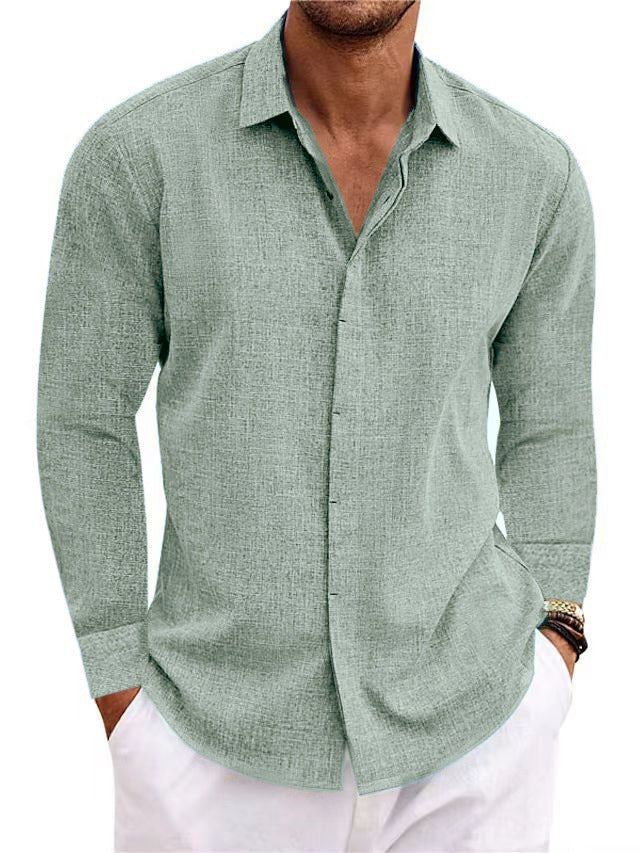 Men’s Long Sleeve Shirt – Cotton Linen & Solid - AmiraMart