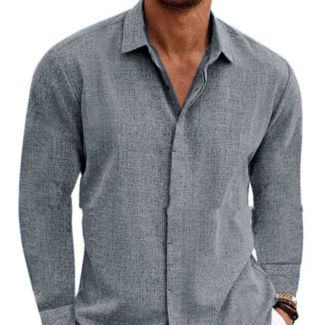 Men’s Long Sleeve Shirt – Cotton Linen & Solid - AmiraMart