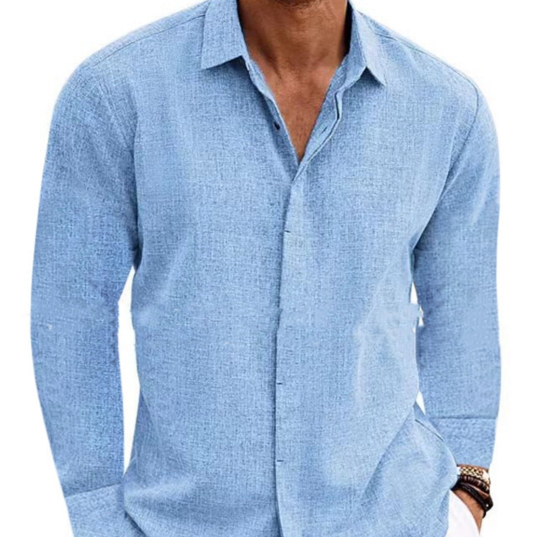 Men’s Long Sleeve Shirt – Cotton Linen & Solid - AmiraMart