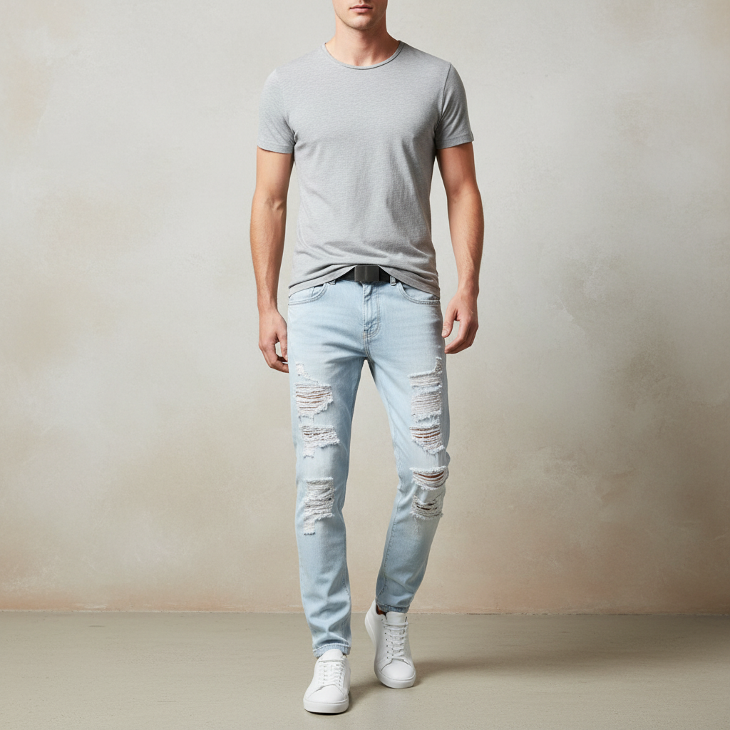 Men's Ripped Jeans – Straight Fit Washed Distressed Denim Pants