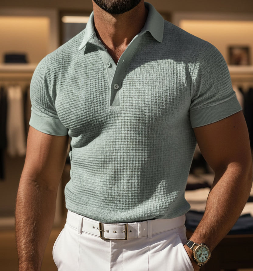 Men's Waffle Polo: Short Sleeve Summer Fashion Top - AmiraMart
