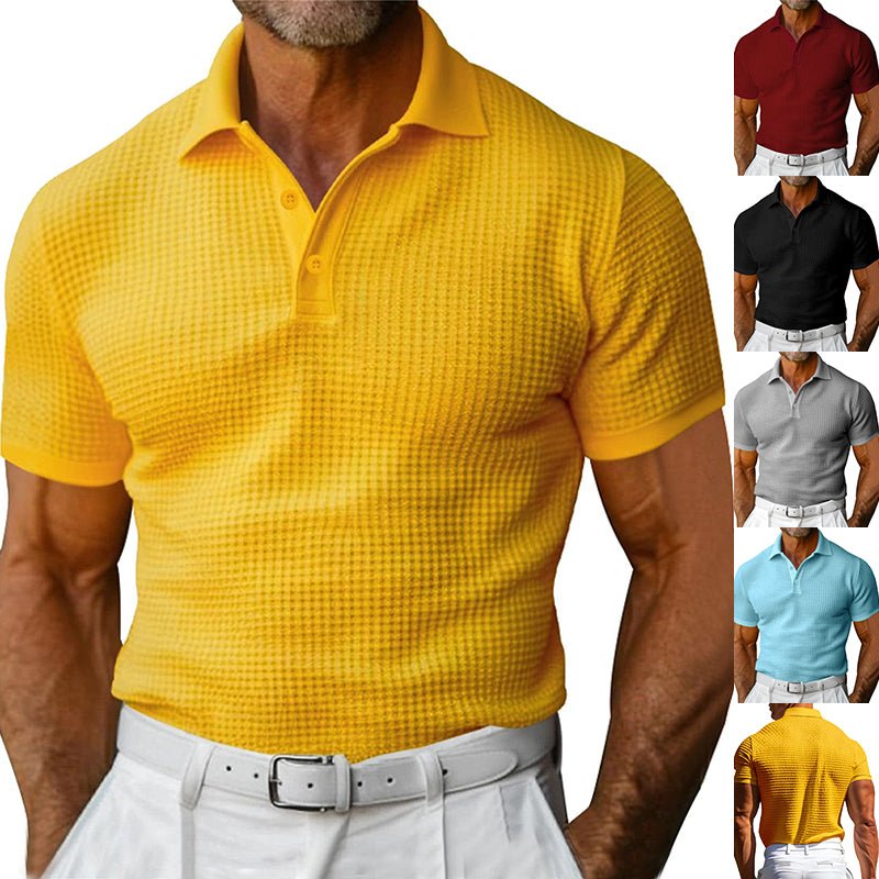 Man wearing a yellow checkered polo shirt on a white background