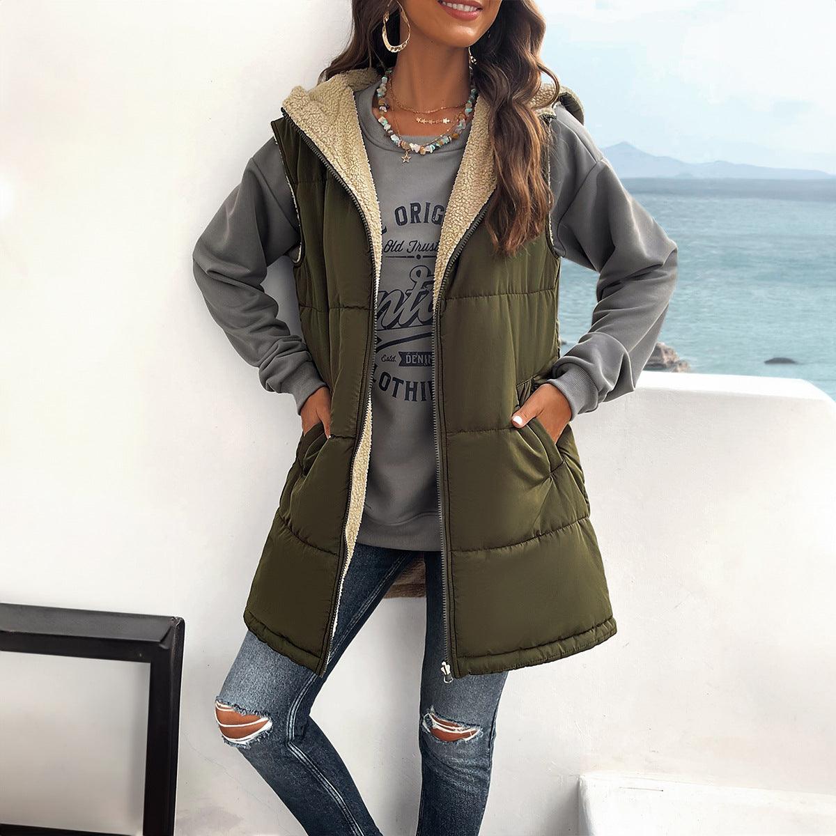 Mid - length Hooded Cotton Jacket With Pockets - AmiraMart