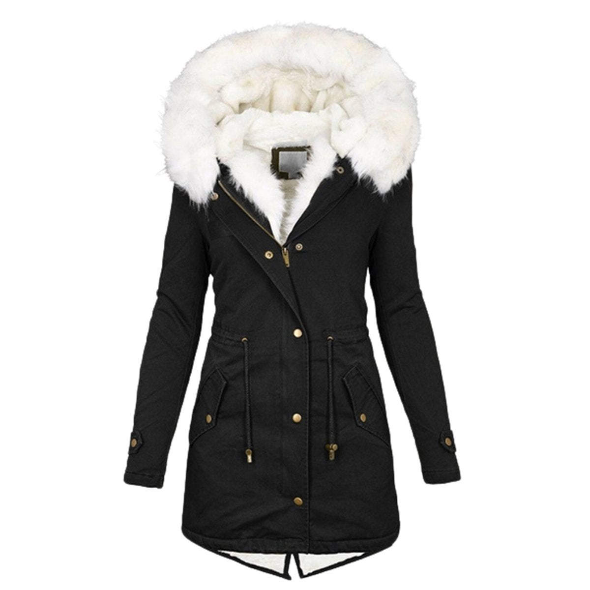 Mid - length hooded winter warm plus fleece coat - AmiraMart