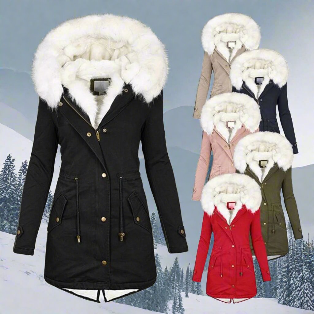 Mid - length hooded winter warm plus fleece coat - AmiraMart