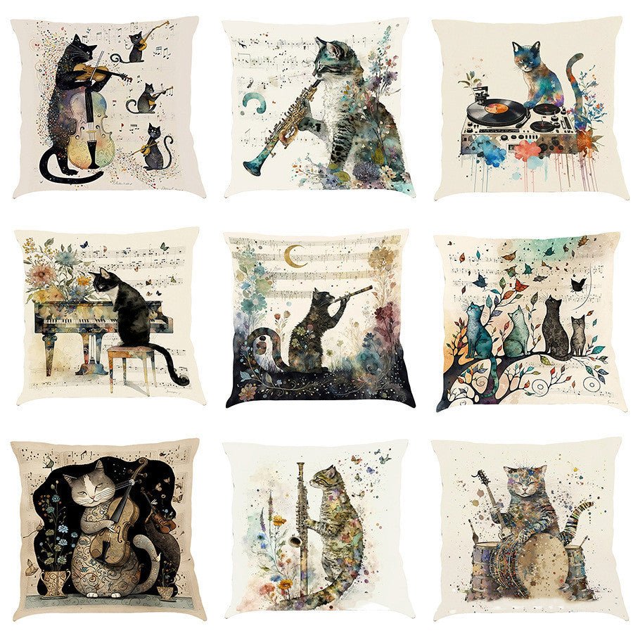 Musical Cats Printed Cotton Linen Pillowcase - AmiraMart