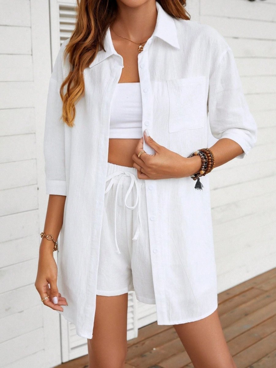 New Fashion Single - breasted Shirt Solid Color Casual Loose Outfit Women - AmiraMart