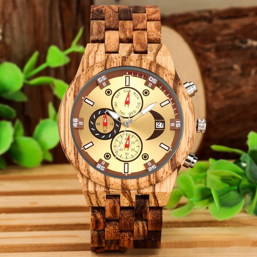 Multi - functional Full Wood Band Quartz Watch - AmiraMart