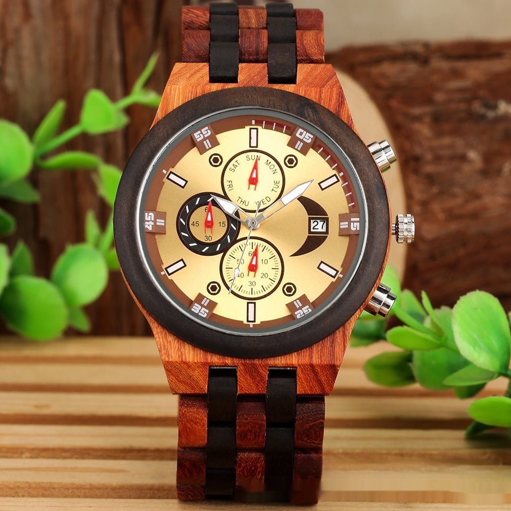 Multi - functional Full Wood Band Quartz Watch - AmiraMart