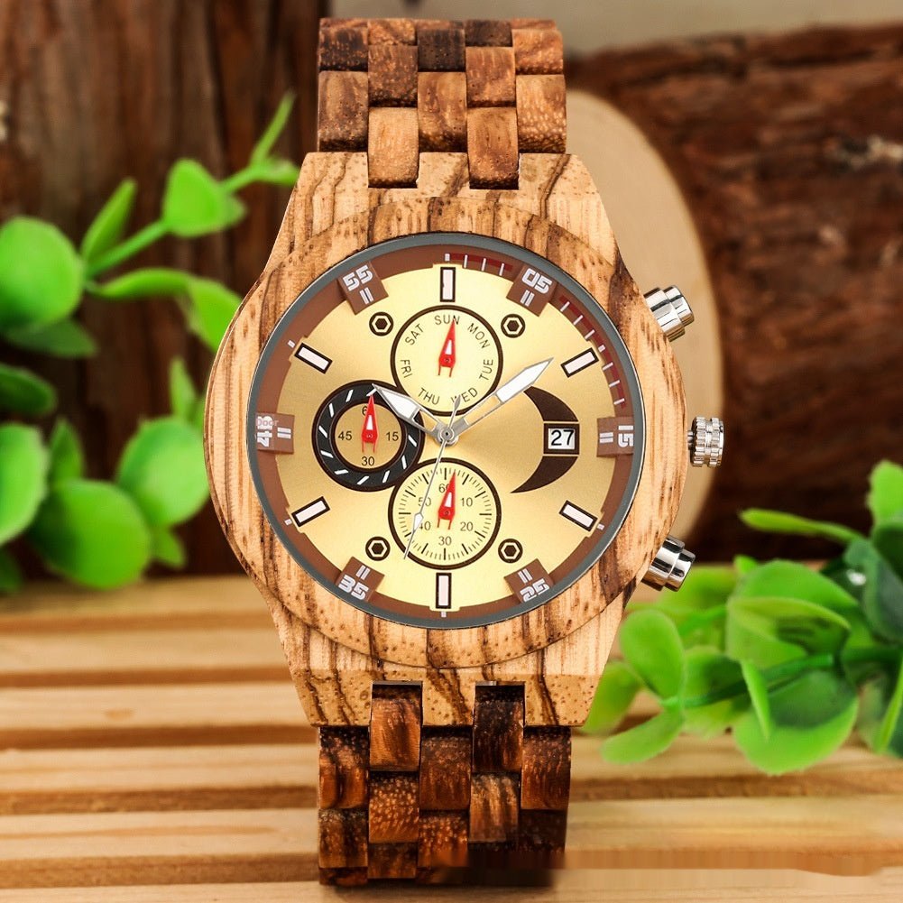 Multi - functional Full Wood Band Quartz Watch - AmiraMart