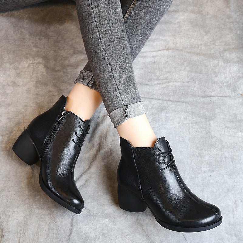 New Retro Leather Comfortable Thick Heel Women Boots High Heel Martin Boots Leather Boots Short Boots Women - AmiraMart
