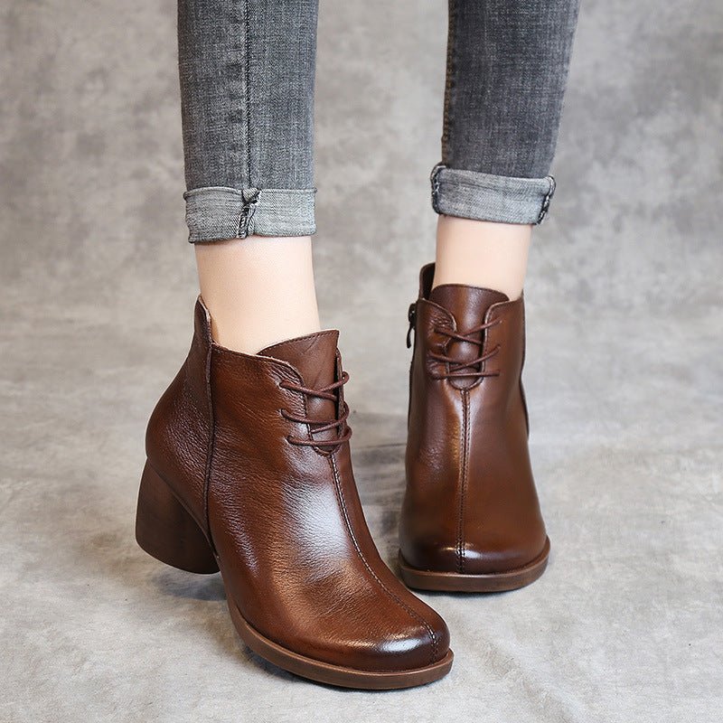 New Retro Leather Comfortable Thick Heel Women Boots High Heel Martin Boots Leather Boots Short Boots Women - AmiraMart