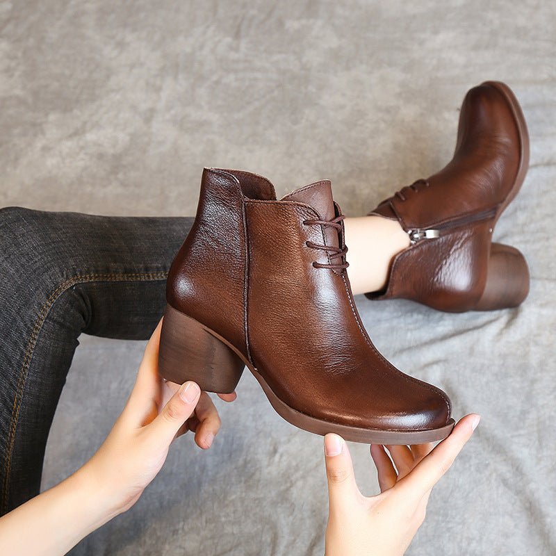 New Retro Leather Comfortable Thick Heel Women Boots High Heel Martin Boots Leather Boots Short Boots Women - AmiraMart