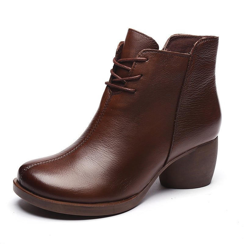 New Retro Leather Comfortable Thick Heel Women Boots High Heel Martin Boots Leather Boots Short Boots Women - AmiraMart