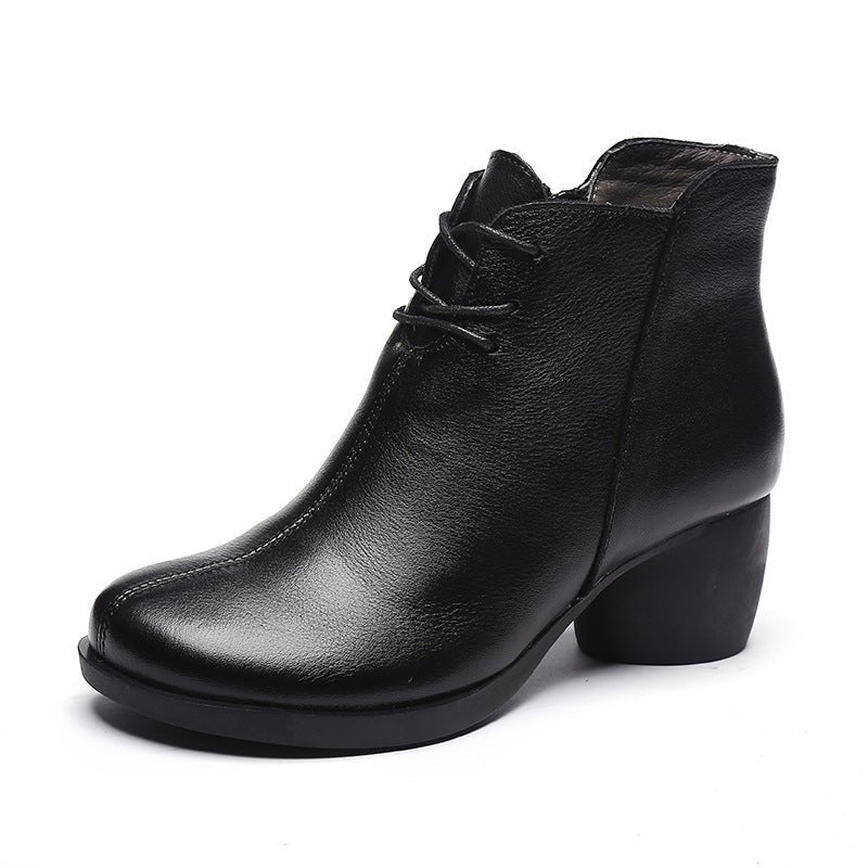 New Retro Leather Comfortable Thick Heel Women Boots High Heel Martin Boots Leather Boots Short Boots Women - AmiraMart