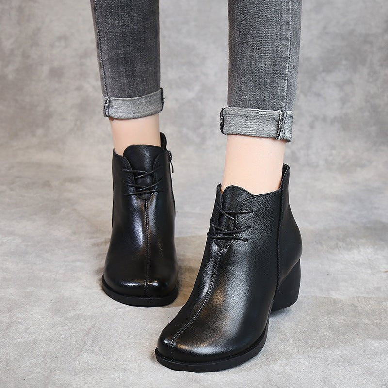 New Retro Leather Comfortable Thick Heel Women Boots High Heel Martin Boots Leather Boots Short Boots Women - AmiraMart