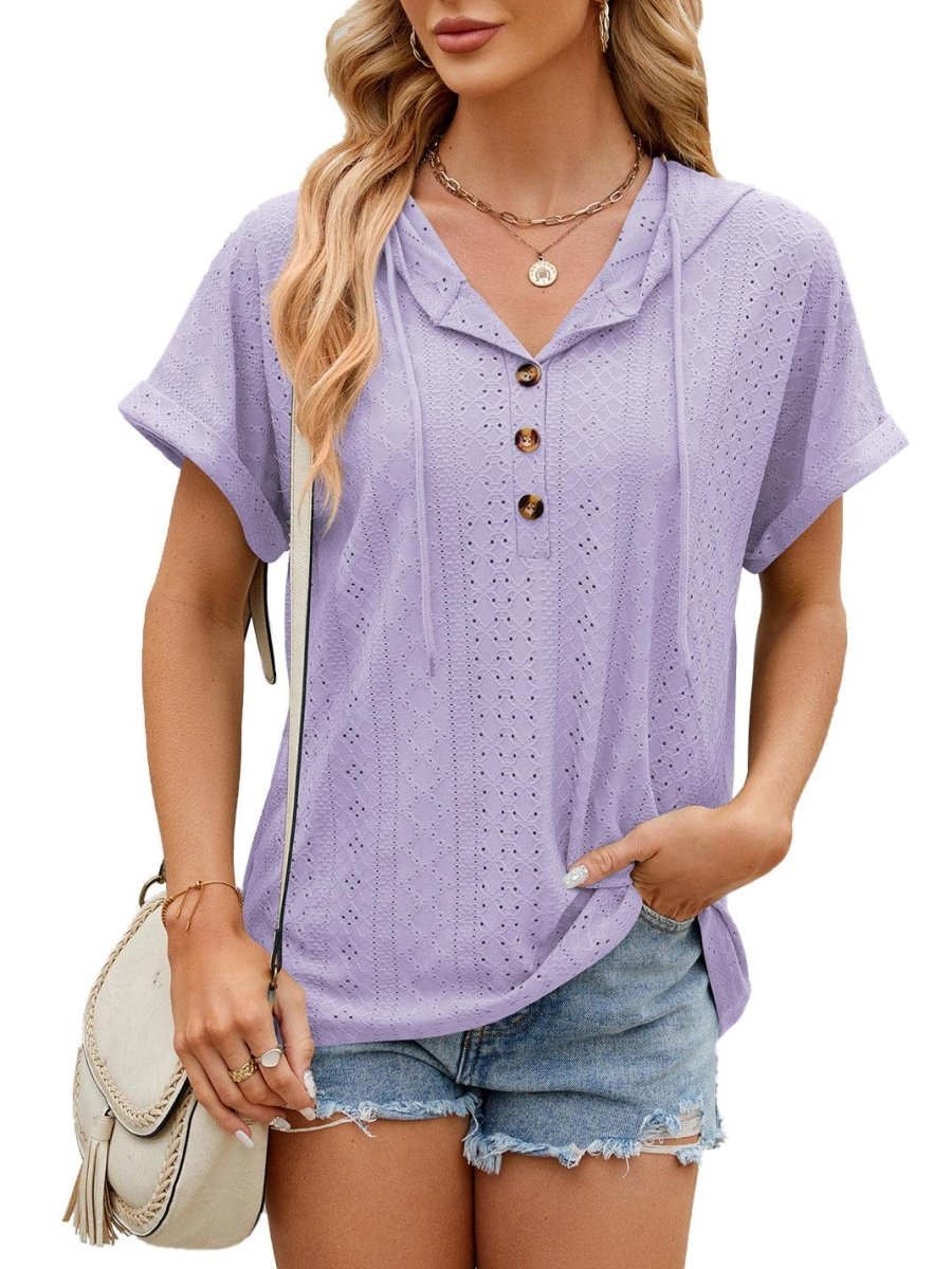 New Solid Color Hooded Button T-shirt - AmiraMart