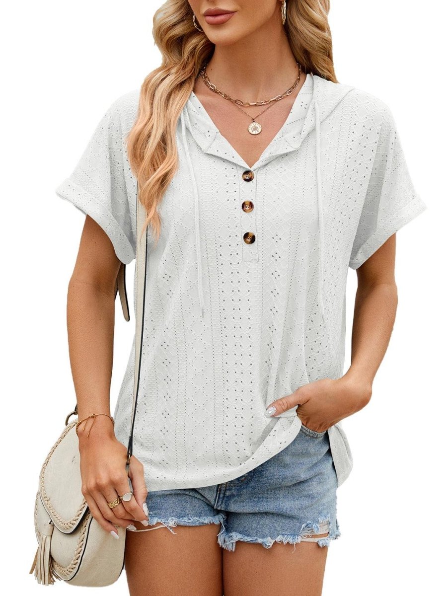 New Solid Color Hooded Button T-shirt - AmiraMart
