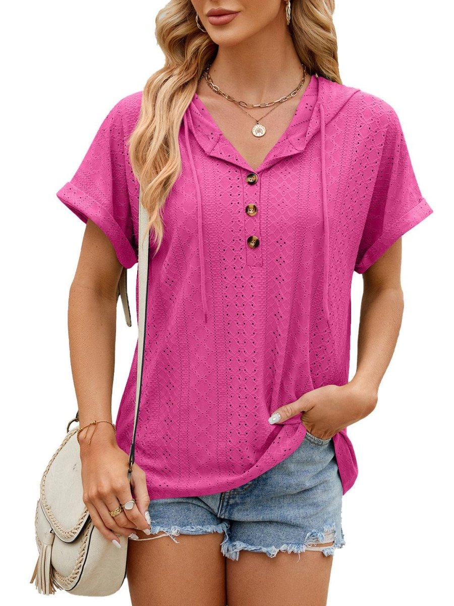 New Solid Color Hooded Button T-shirt - AmiraMart