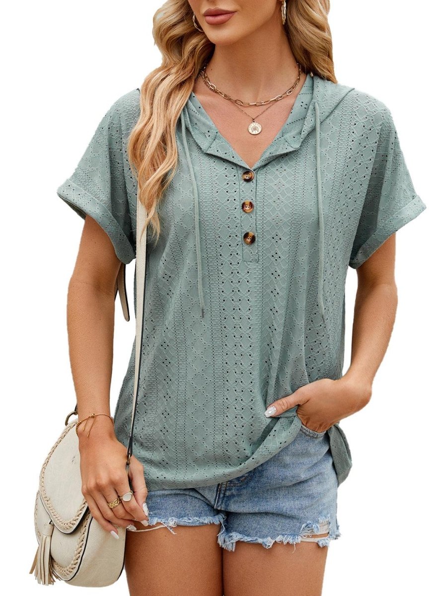New Solid Color Hooded Button T-shirt - AmiraMart