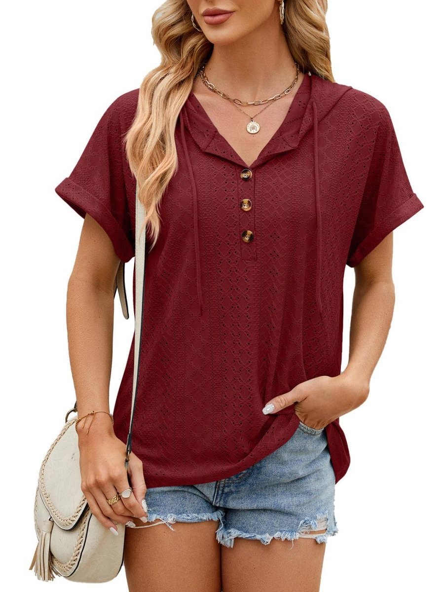 New Solid Color Hooded Button T-shirt - AmiraMart