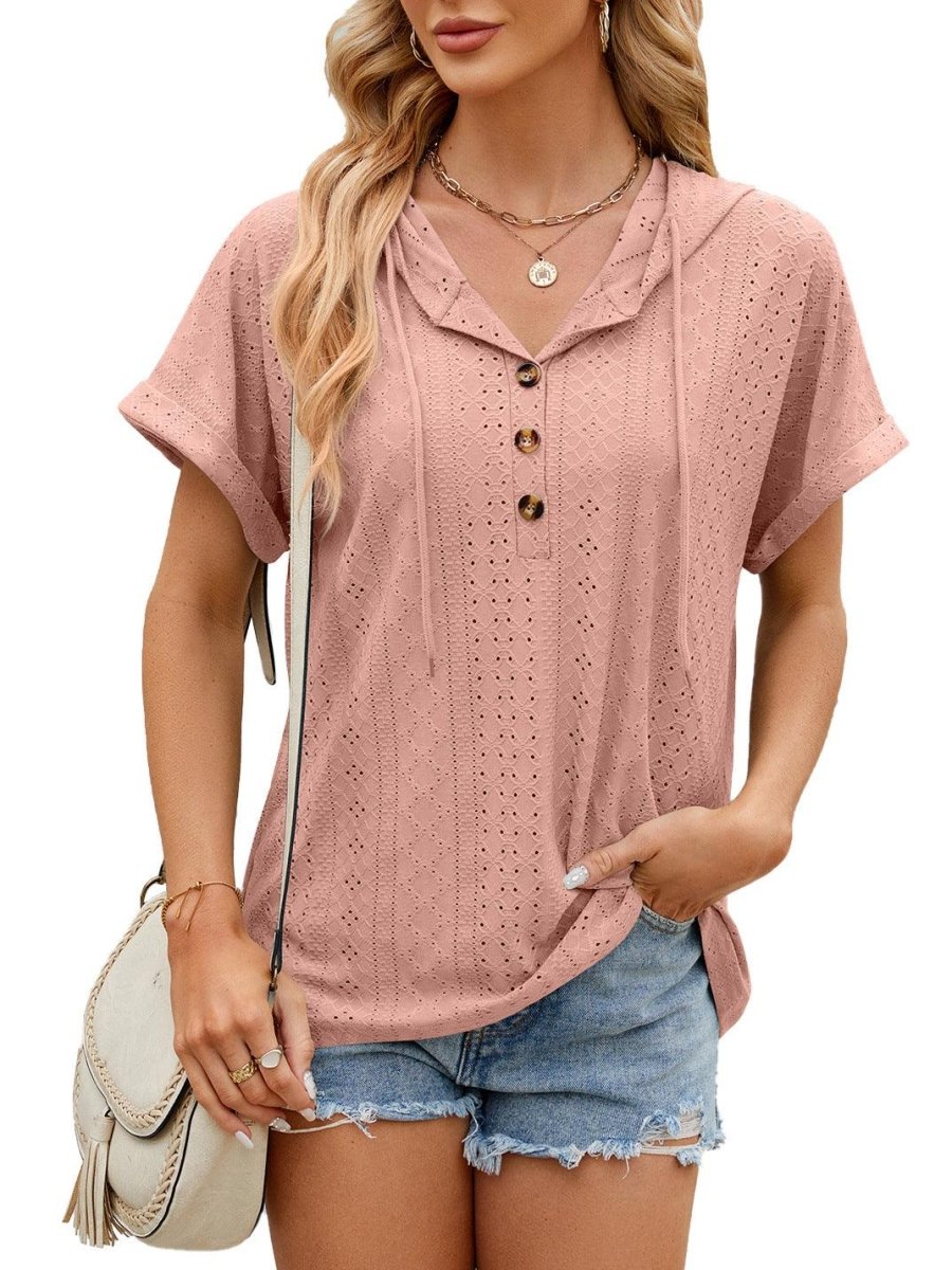 New Solid Color Hooded Button T-shirt - AmiraMart