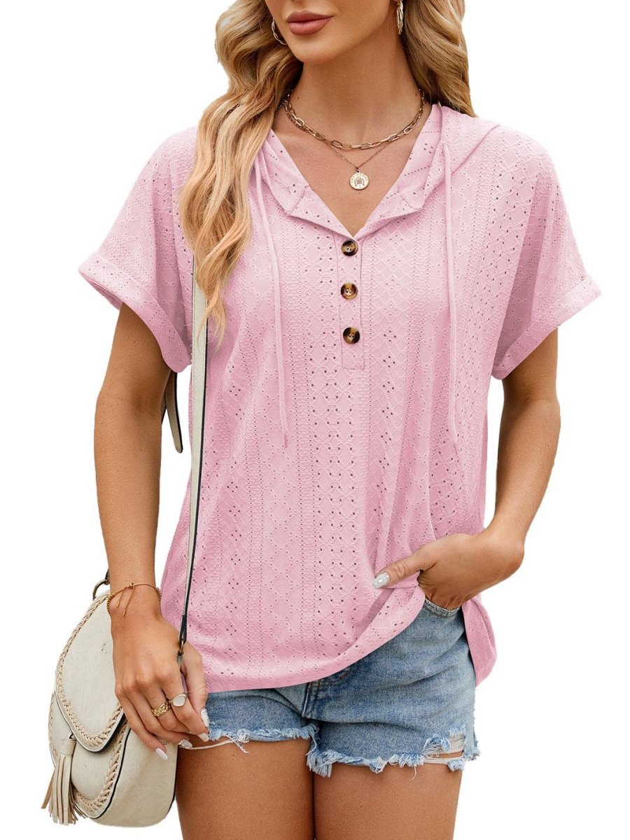 New Solid Color Hooded Button T-shirt - AmiraMart