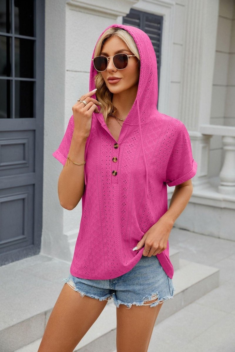 New Solid Color Hooded Button T-shirt - AmiraMart